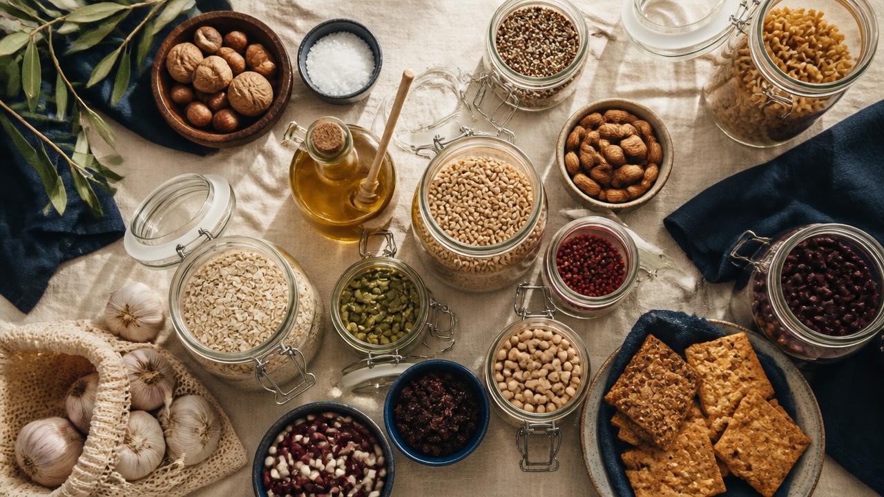 Clean pantry staples arranged in glass jars and bowls